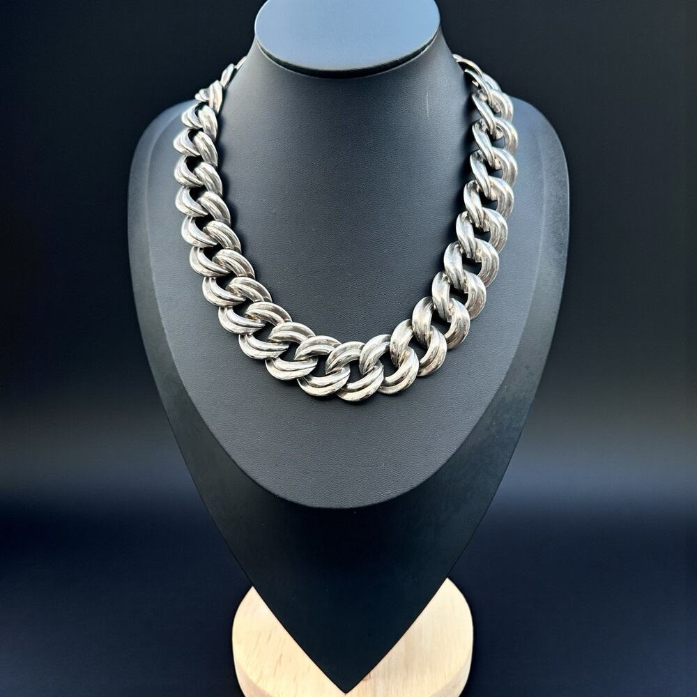 Vintage Silver Tone Double-Curb Chain Necklace Chunky Flat 80s 90s Patina 17”